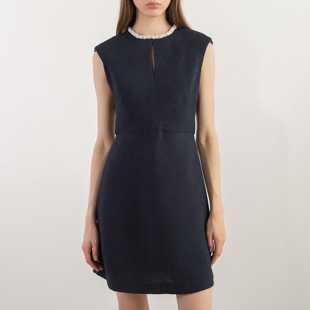 Sandro Navy Dress with Pearl Beaded Neckline
